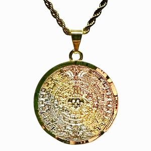 Aztec Calendar Pendant with Rope Necklace 24K Gold Filled NEW